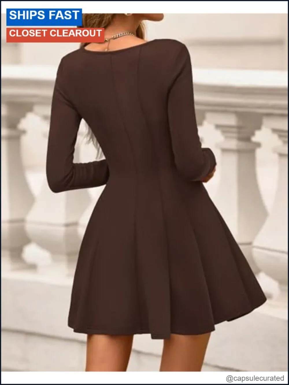 Knit A-Line Mini Dress Square Neck Long Sleeve Casual Spring Fall